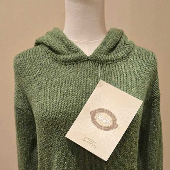 Aran Ireland 100% Natural Wool Crop Hooded Sweater Green Large NWT Certified - Picture 3 of 11
